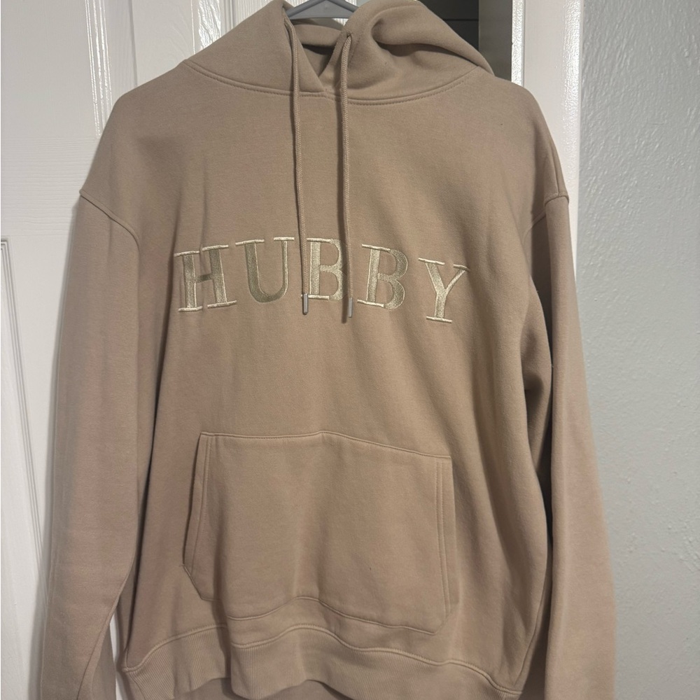 Men's Casual Tan Hoodie with 'HUBBY' Embroidery